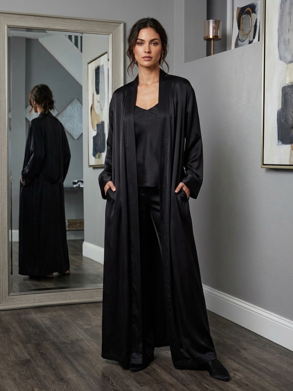 Oscar Rossa 100% Silk Sleepwear Long Black Robe L/XL. No belt